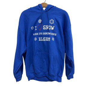 Gildan I Love Snow When Its Somewhere Else Hoodie Sweatshirt Womens L Blue Cozy